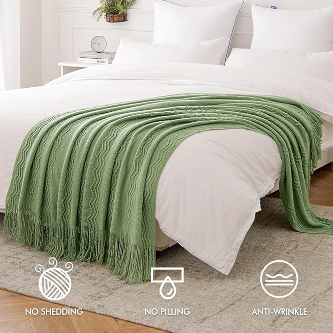 MIULEE Sage Green Knitted Throw Blanket for Couch Textured Spring Knit Blanket with Tassels Cozy Woven Boho Bed Blanket for Sofa Bed Chair Acrylic Wave Pattern 50"x60"-Ruum Studio Home