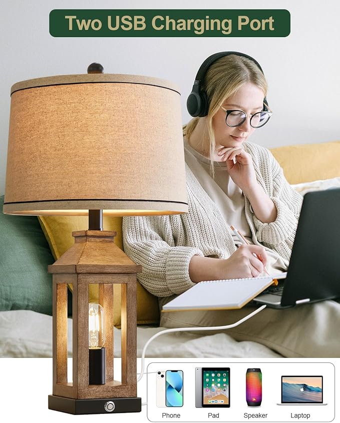 23.75" Farmhouse Table Lamps USB A+C Charging Ports 3-Way Dimmable Touch Control Lamp Nightlight Vintage Modern Lamp for Living Room Bedroom with 2 Light Sources-Ruum Studio Home