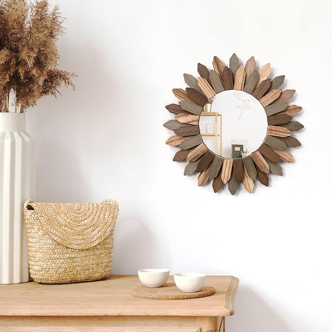 Honiway Boho Wall Decor 12 inch Decorative Mirror with Rustic Wood Sunburst Frame, Perfect for Bedroom, Living Room, Bathroom, Kitchen-Ruum Studio Home