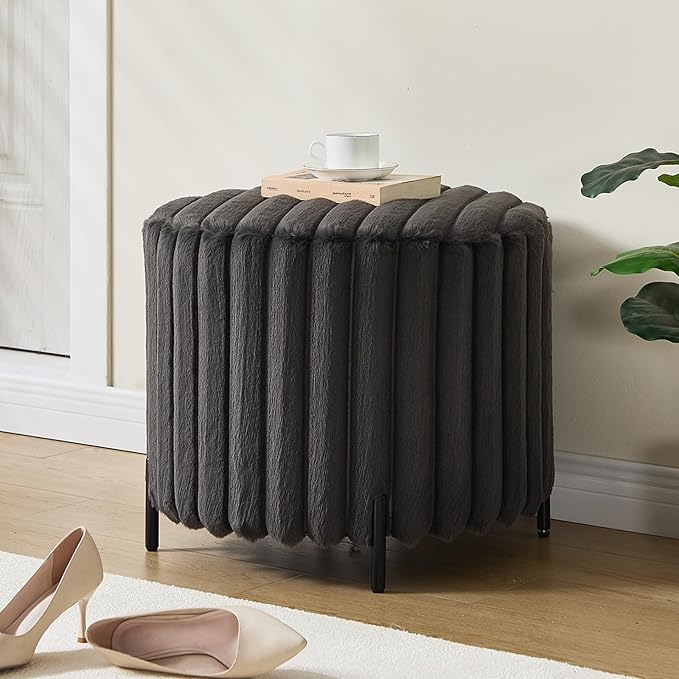 Furniliving Modern Round Ottoman, Large Size Bedroom Ottoman Footstool Round Ottomans Stool for Living Room, Bedroom, Makeup Room, Black, Faux Fur-Ruum Studio Home