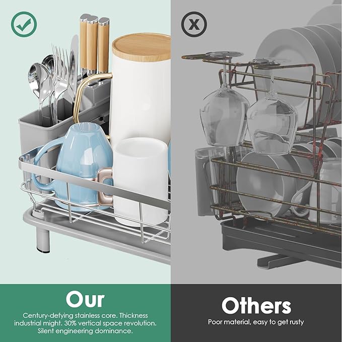 MOUKABAL Dish Drying Rack - Stainless Steel Dish Rack, Dish Racks for Kitchen Counter, Drying Rack Kitchen with Removable Utensil Holder, Drainboard and Glass Organizer (Grey)-Ruum Studio Home