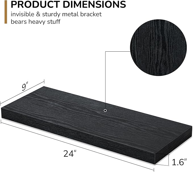 Floating Shelves - 2 Pack 9 Inch Rustic Wooden Wall Shelves - Extra Deeper & Thicker Wall Mounted Storage Shelf for Living Room, Kitchen, Farmhouse - 24" W x 9" D x 1.6" H - Rustic Black-Ruum Studio Home