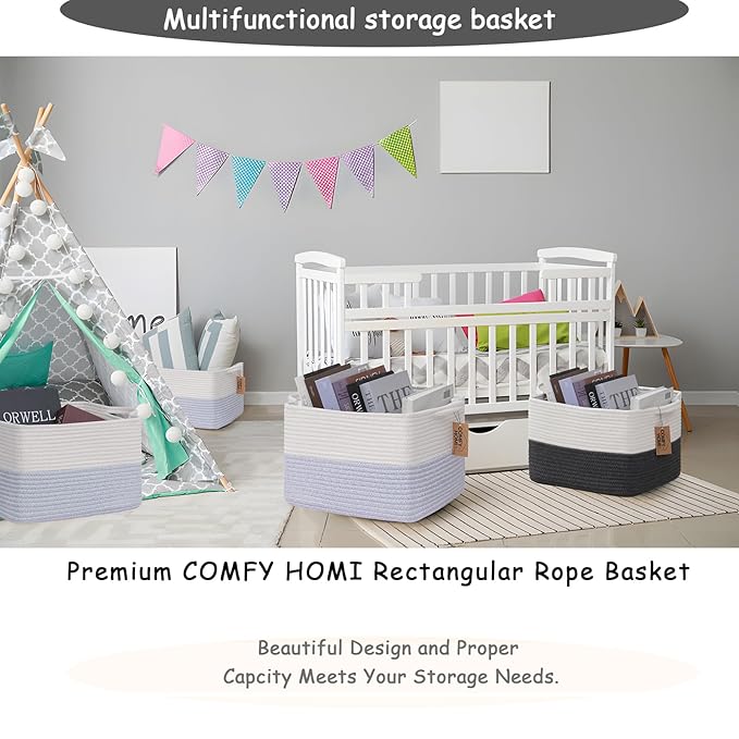COMFY-HOMI 3PACK Cotton Rope Square Baske with Handles for Shelves|Dog Toy Baske Bin and Storage|Baby Baske for Gift|Shoe Baske for Organizing|13.5" x 11" x 9.5" for Living Room（White/Blue）-Ruum Studio Home