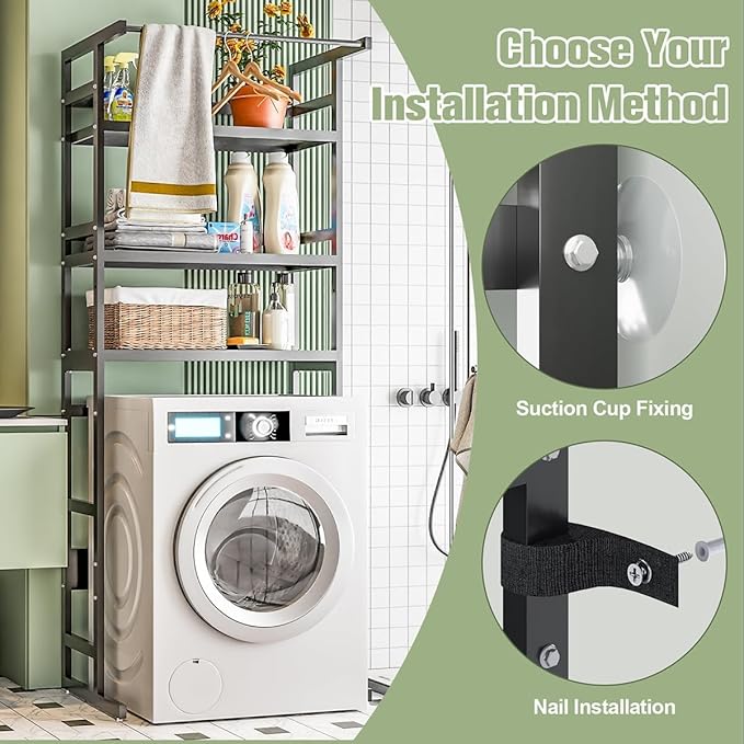 Dryer Storage Shel andf Over The Washer - Adjustable 4-Tier Heavy Duty Laundry Room Organizer, All Carbon Steel Standing Shelf with Hanging Rod, Anti-Tip Design, Super Stable 29.93" L x 11" D x 73" H-Ruum Studio Home