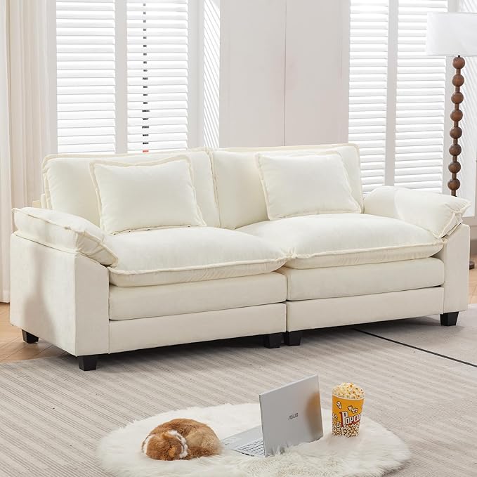 URRED Modular Sectional Sofa Comfy Cloud Couch, Modern Chenille Sofa Sleeper Deep Seat Couches with Ottoman/Pillows for Living Room (White, 82.6'')-Ruum Studio Home