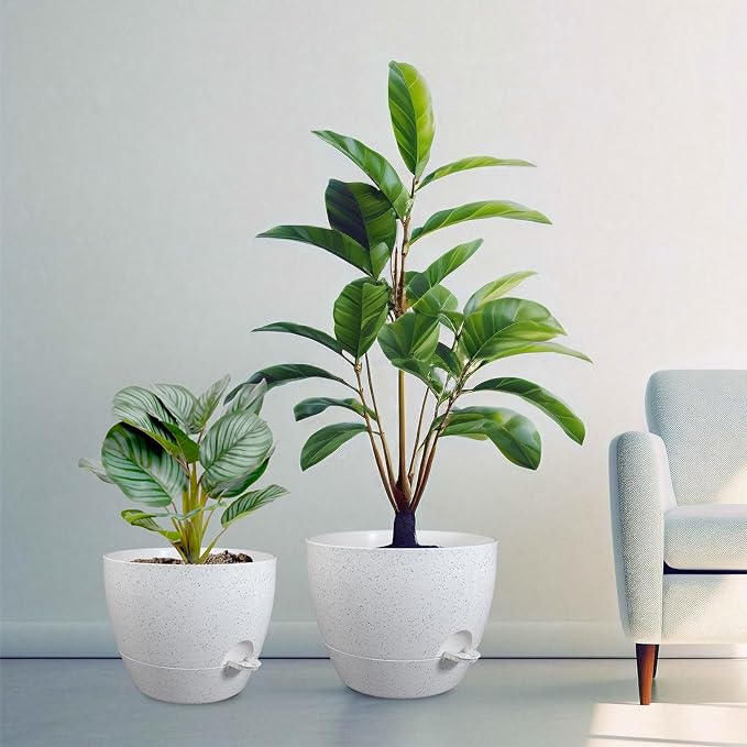 12/10/9 inch Large Self Watering Pots, Plant Pots with Mesh Drainage Holes for Indoor Outdoor Garden Plants, Flower Pots with Deep Reservoir, Set of 3 Plastic Planters, Specked White-Ruum Studio Home