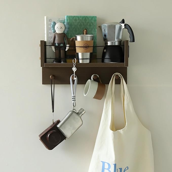 Entrance Coat Rack ，Coat Hooks, Wall-Mounted Wooden Hook Rack, Wall-Mounted Shelves are Very Suitable (Walnut Colored Finish-A)-Ruum Studio Home