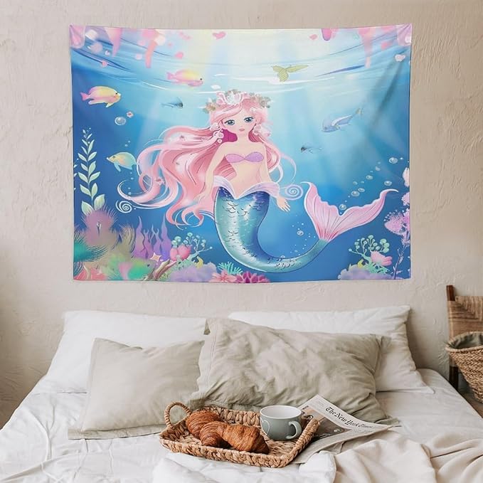 HZOHNAGO Mermaid Girls Tapestry Watercolor Mermaid Princess Pattern Printed Wall Tapestry Wall Hanging for Bedroom Living Room Dorm 40" W x 30" H-Ruum Studio Home