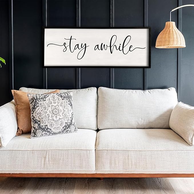 Stay Awhile Sign Wall Decor 32"X12" Large Solid Wood Frame For Hallway Living Room Entryway Farmhouse Wall Art Lets Stay Family Home Rustic Hanging Decoration (Black)-Ruum Studio Home