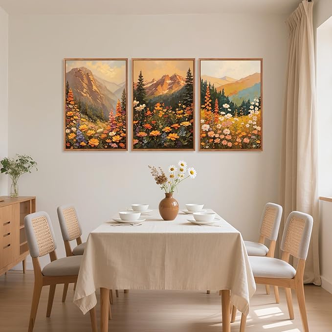 Aurlan Boho Mountain Sunset Landscape Framed Wall Art(16"x24"), 3PCS Large Wildflowers Meadow Canvas Artwork, Colorful Abstract Watercolor Nature Forest Scenery Decor for Home Office Bedroom-Ruum Studio Home