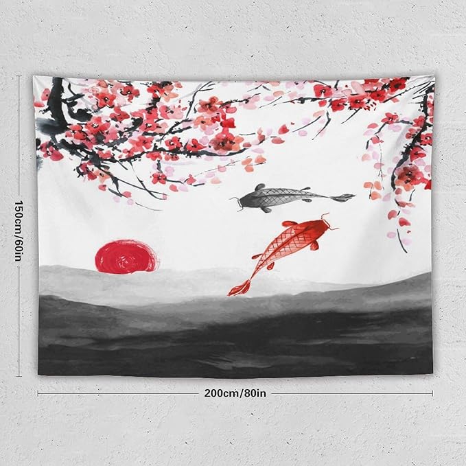 Houselerax Japanese Koi Fish Tapestries, Cherry Blossoms Asian Oriental Flower Branch Koi Fish Carp Tapestry Wall Hanging for Bedroom Living Room Office Decor 80"x60"-Ruum Studio Home
