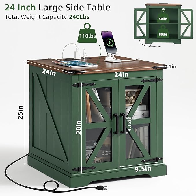 24" End Table with Charging Station, Farmhouse Night Stand with Glass Barn Door, Green Nightstands with Adjustable Storage Shelf, Large Wood Square Bed Side Table for Living Room, Bedroom-Ruum Studio Home