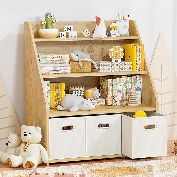 Kids Bookshelf and Toy Organizer, Wooden Kids Bookcase, Toddler Montessori Bookshelf with 3 Movable Drawers, Toy Storage Organizer for Kids Room, Living Room, Nursery-Ruum Studio Home
