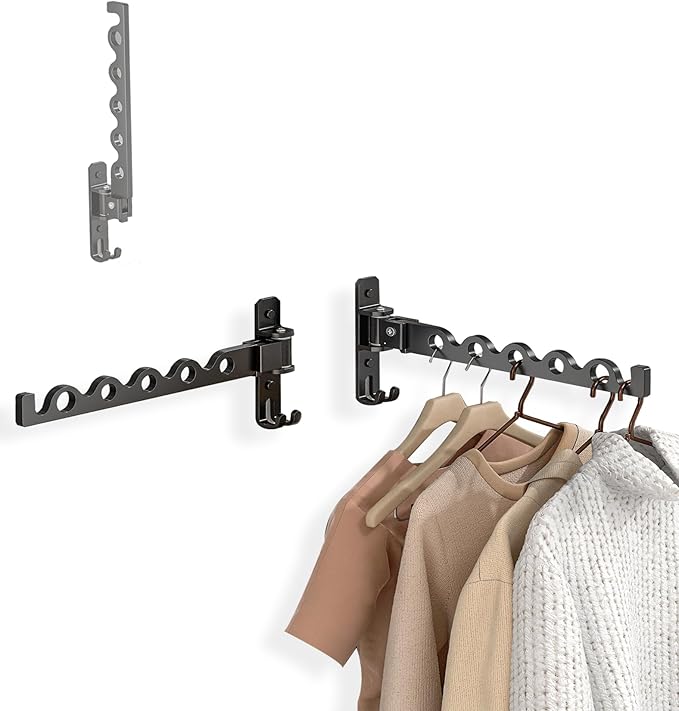 Dr.DJ Wall Hanger for Clothes, Coat Hanger Mounted Matte Black Retractable Clothes Drying Organizer Rack Garment Hooks Aluminium Folding Indoor Space Saver (2 Racks) Black-Ruum Studio Home