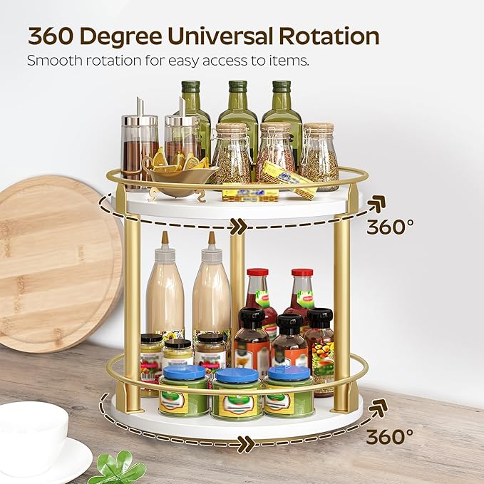 Lazy Susan Organizer, Rotating Spice Rack, 2 Tier Spice Turntable Organizer, Industrial Turntable Spice Holder, for Kitchen Countertop and Cabinet, Compact and Versatile, White and Gold SR22DW-Ruum Studio Home