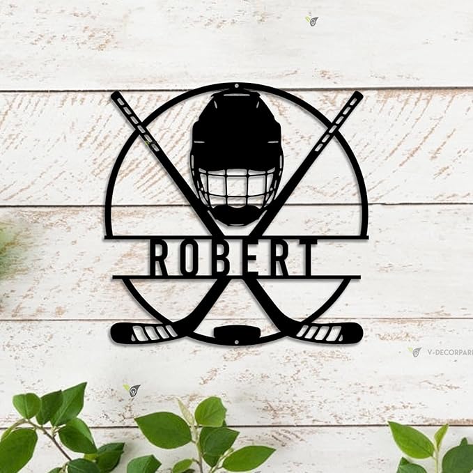 Hockey LED Metal Wall Art – Sports Custom Name Sign Light Up with Helmet and Sticks, Ice Hockey Room Decor for Players, Fans, Coaches-Ruum Studio Home