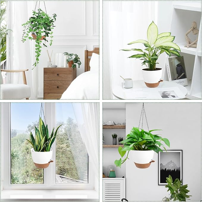 Hanging Planters for Indoor Outdoor Plants, 2 Pack Self Watering Hanging Pot with Drainage Holes & Removable Tray (White, 6'')-Ruum Studio Home