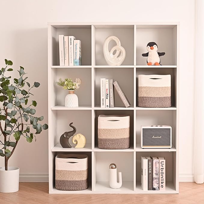 11 Inch Cube Storage Bins, Storage Cube Organizer Bins, Woven Cotton Rope Baskets for Storage, Storage Basket for Organizing Shelves, Square Baskets for Toys, Gradient Brown (Pack of 3)-Ruum Studio Home