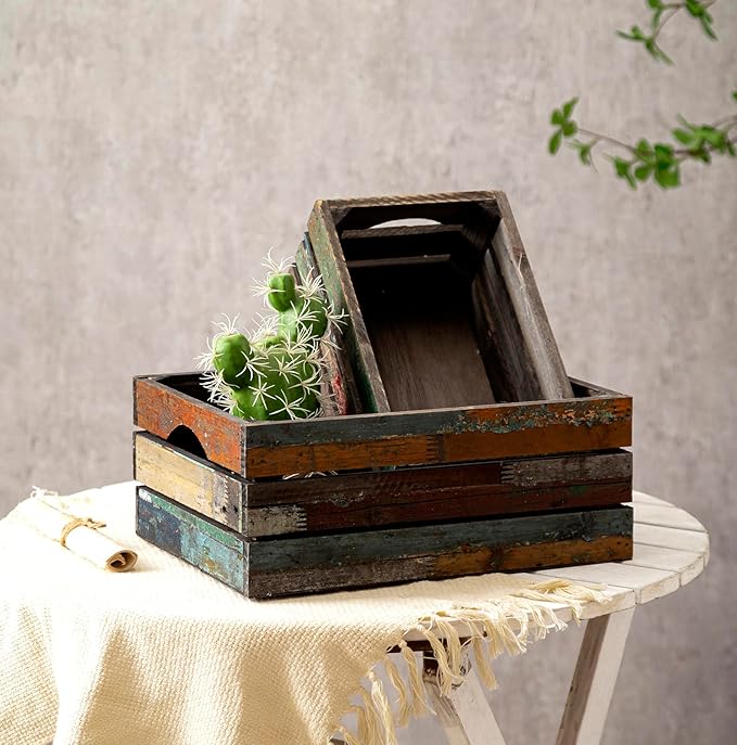 TIMRIS Set of 3 Rustic Distressed Wood Nesting Crates, Farmhouse Decorative Wooden Storage Boxes, Large Vintage Reclaimed Wood Baskets for Display (Random)-Ruum Studio Home