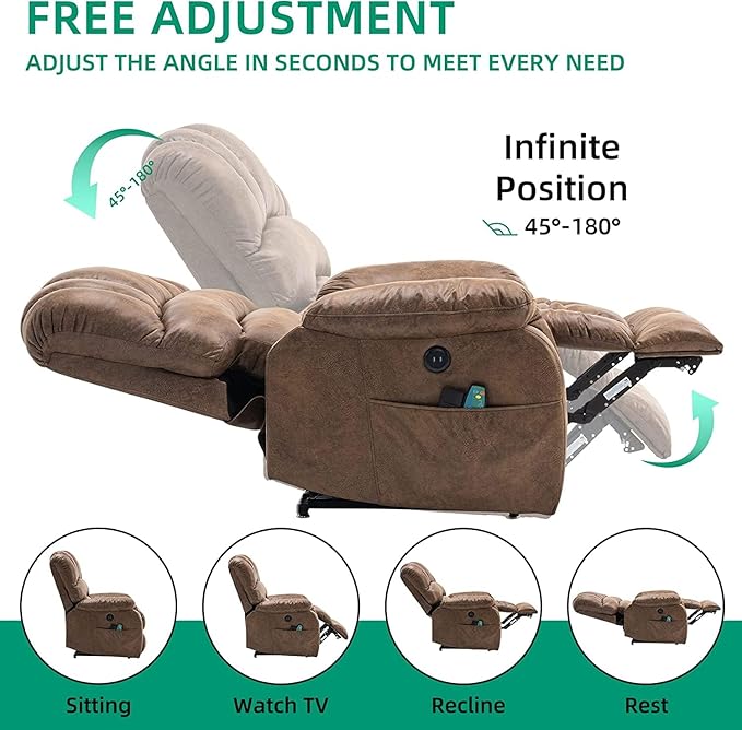 VIVIJASON Large Dual OKIN Motor Power Lift Recliner Chair for Elderly Big Man, 180° Lay Flat Electric Recliner with Heat & Massage, Infinite Position, 2 Remote Controls, Side Pockets & USB Port, Brown-Ruum Studio Home