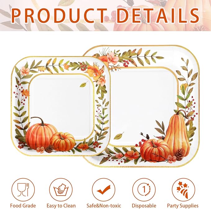 Grencian 200Pcs Fall Plates and Napkins Thanksgiving Plates Pumpkin Flower Wreath Plate Disposable Pumpkin Tableware Fall Party Supplies for Autumn Harvest Thanksgiving Party Decorations, Serves 50-Ruum Studio Home