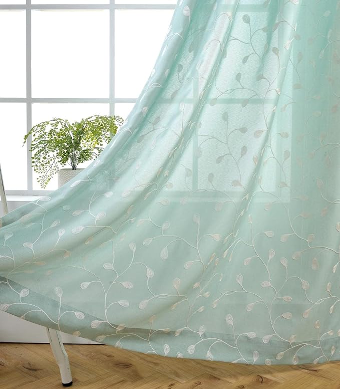 MIUCO Floral Embroidered Semi Sheer Curtains Faux Linen Grommet Window Panel Pair for Kitchen 52 x 63 Inch, Subtle Green-Ruum Studio Home