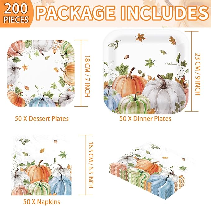 Grencian 200Pcs Fall Plates and Napkins Square Autumn Pumpkin Plates Thanksgiving Paper Platter Tableware Sets for Thanksgiving Harvest Party Decorations, Serves 50-Ruum Studio Home