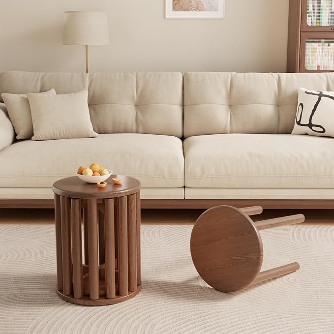 Stackable Stools Set of 4, Wooden Stools 18 Inch Stool Nesting Side Tables Nesting Coffee Table Sturdy and Durable, No Installation Required,Top Stackable Round Stool for Saving space(Walnut Barstool)-Ruum Studio Home