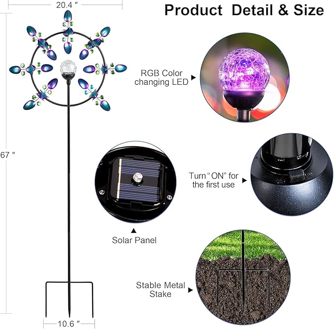 Large Solar Wind Spinners for Yard Art Garden-67 Inch 360° Metal Wind Sculptures Outdoor Clearance Kinetic Windmills with Multi Color Led Glass Ball-Ruum Studio Home