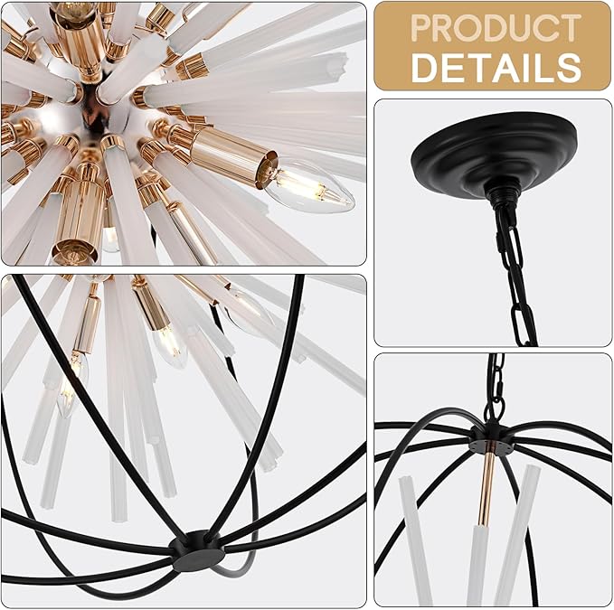 31.5" Black Gold 16-Light Globe Sputnik Chandelier Modern Industrial Adjustable Hanging Ceiling Pendant Light Fixture for Entryway Foyer Stairway Dining Living Room Hallway-Ruum Studio Home
