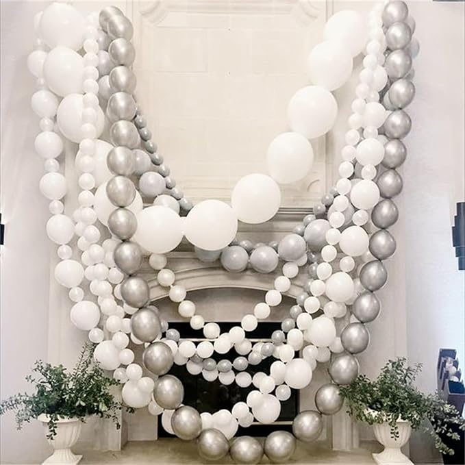 White and Silver Linking Balloons, 100PCS 6 Inch Small Metal Silver Quick Link Balloons for Making Balloon Wall Heart Arch Tails Balloon for Wedding Birthday Baby Shower Graduation Party Decorations-Ruum Studio Home