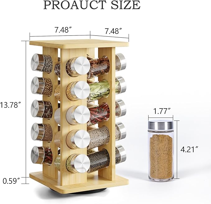 WelFurGeer Bamboo Spice Rack Organizer for Countertop, Revolving Spice Shelf with 20 Glass Jars, Lids & Labels, Desktop Rotating Seasoning Organizer for Kitchens, Space-Saving Design-Ruum Studio Home