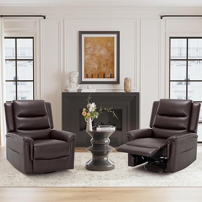 COLAMY Oversized Leather Recliner Chair, 360°Swivel Rocking Manual Recliner with Thick Cushioned Padding Backrest and Wide Seat - Darkbrown-Ruum Studio Home