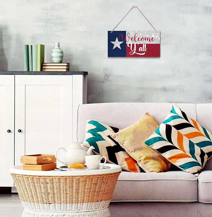 Welcome Y'all Decor Sign, Hanging Wood Sign Home Decorative, Printed Wood Wall Art Sign, Wooden Hanging Sign, Texas Flag Welcome Door Hanger, Welcome Sign for Front Door, Farmhouse Porch Decor 12*6in-Ruum Studio Home