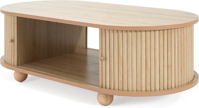 Oval Coffee Table with Storage for Living Room, Retro Charm Wooden Fluted Center Table, 47.24" Modern Classic Accordion Door Coffee Tables Dual Level Storage Side Table for Home,Office-Natural-Ruum Studio Home