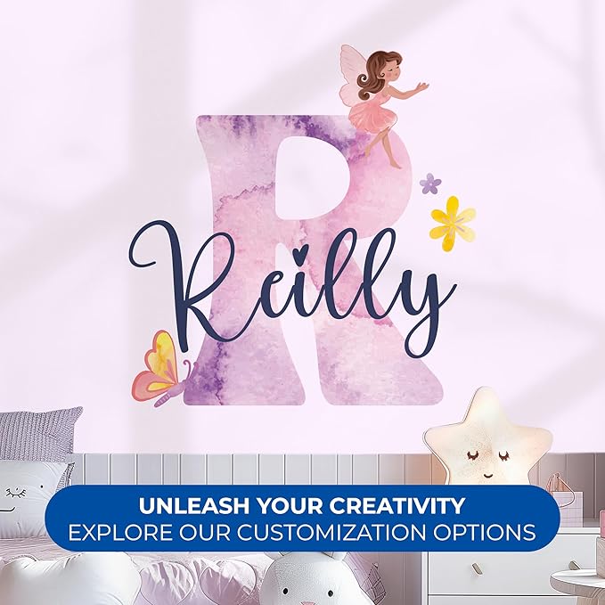 CRYPTONITE Custom Stickers Name & Initial for Fairy Decor I Fairy Pink Room Decor for Girl Bedroom Decor I Personalized Fairy Wall Decals for Little Girl Room Decor I Multiple Size Options (D. Fairy)-Ruum Studio Home