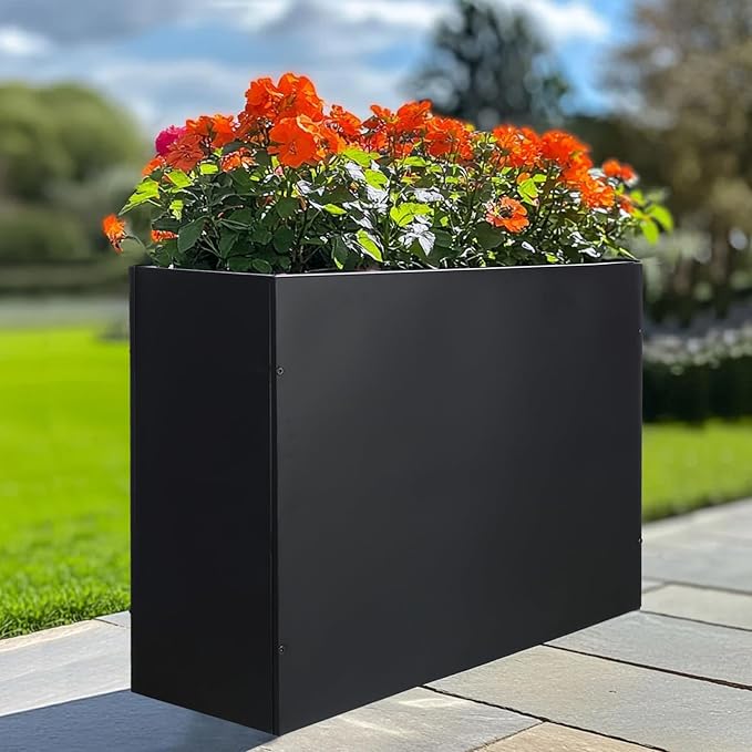 Metal Rectangular Planter Box Tall Planters for Outdoor Plants Modern Heavy Duty with Drainage Holes for Outside Indoor Patio Deck - Black, 32”x 12”x 24”-Ruum Studio Home