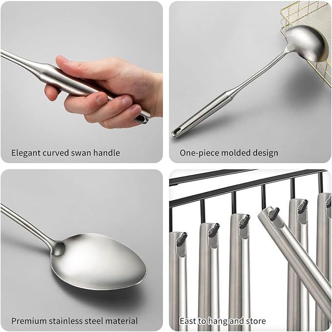 304 Stainless Steel Cooking Utensil,Kitchen Kitchen Utensil with Spatula, Solid Spoon, Ladle, Skimmer, Spaghetti Spoon, 6 Piece Set, Dishwasher Safe-Ruum Studio Home