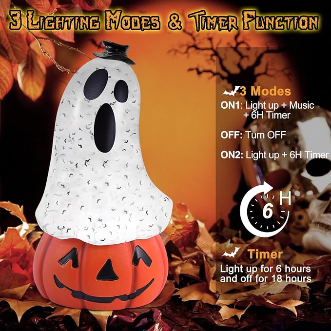 Halloween Snow Globe Lantern Spooky Glost and Pumpkin Halloween Snow Globes Musical Water Glitter Globe with 6H Timer Battery Operated or USB Powered for Spooky Home Decorations (Ghost and Pumpkin)-Ruum Studio Home