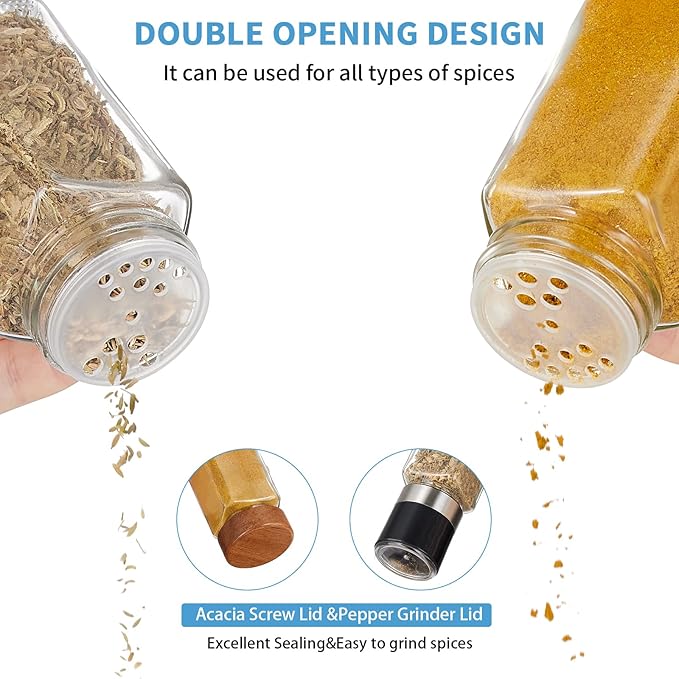 Yangbaga 34Pcs Glass Spice Jars with Labels-4oz Acacia Wood Lid Square Spice Containers with Pepper Grinder Lids &Funnel,Seasoning Jars for Rack Cabinet Drawer-Ruum Studio Home