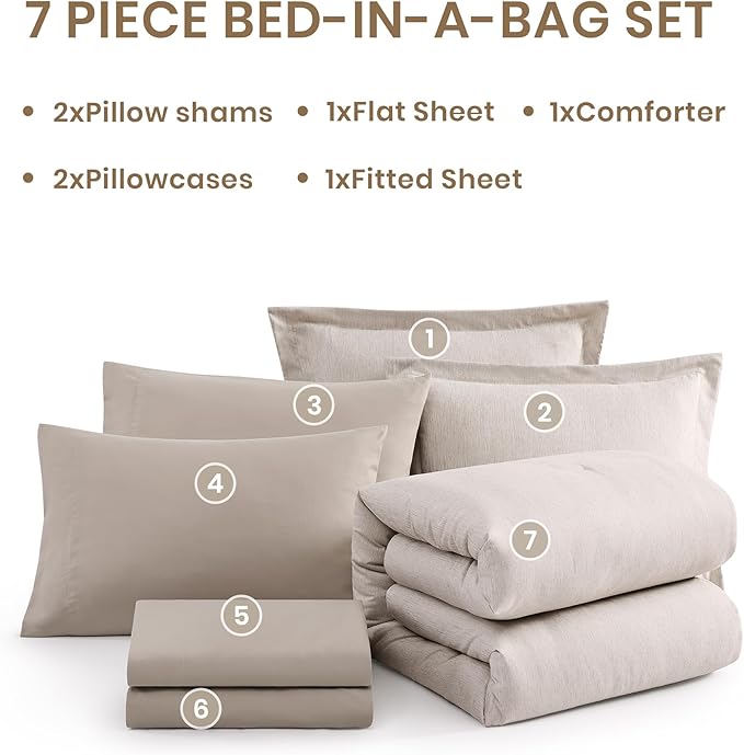 Monbix Full Size Comforter Set, Oatmeal Bedding Comforter for Full Size Bed Set Reversible, Bedding Sets Full 7 Pieces, Cationic Dyeing Bed in a Bag with Comforter, Sheets, Pillowcases & Shams-Ruum Studio Home