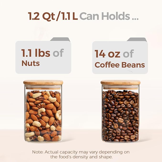 ComSaf Glass Storage Containers with Lids, 1.2 Qt Glass Jars with Lids, Clear Food Storage Jar, Canister For Pantry Cookie Flour Cereal Rice Sugar Tea Coffee Beans Spice, Square Set of 4-Ruum Studio Home