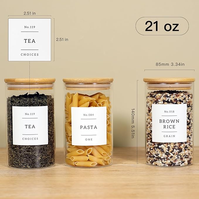 8 Pack Glass Jar with Airtight Bamboo Lid and White 132 Kichen Pantry Labels Preprinted - 21 Oz Clear Round Glass Food Storage Containers set For Tea Coffee Sugar Spice-Ruum Studio Home