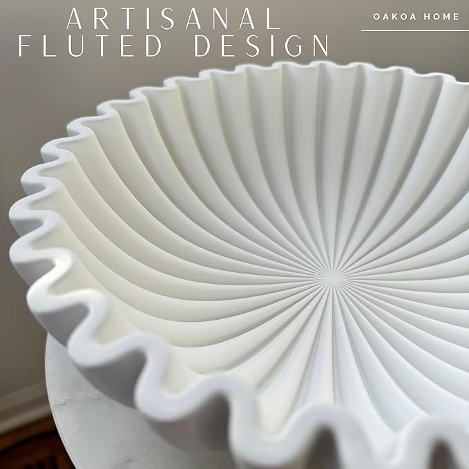 OAKOA Concrete Decorative Bowl - White Large Decorative Bowls for Home Decor - Coffee Table Bowl Decor - Scalloped Ruffle Centerpiece Bowl-Ruum Studio Home