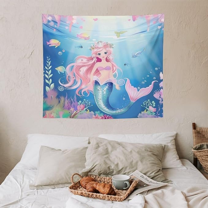 HZOHNAGO Mermaid Girls Tapestry Watercolor Mermaid Princess Pattern Printed Wall Tapestry Wall Hanging for Bedroom Living Room Dorm 60" W x 50" H-Ruum Studio Home