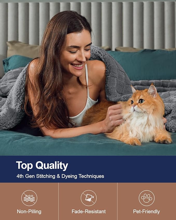 Pawque Super Soft Cozy Throw Blanket Queen Size for Couch Bed, Fluffy Sherpa Fleece Reversible Thick Warm Fuzzy Blanket for All-Season, 3D Checkered Jacquard Decorative Blankets, Grey, 90"x90"-Ruum Studio Home