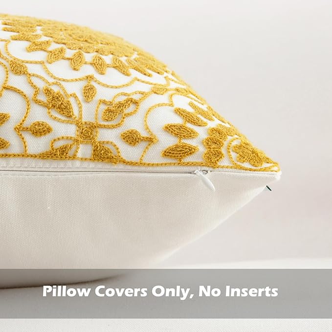 HWY 50 Yellow Decorative Throw Pillow Covers 18x18 Inch (1 Piece), Embroidered Cotton Farmhouse Cushion Cover Pillow Case for Sofa Couch Living Room Bed, Little Sunflower-Ruum Studio Home