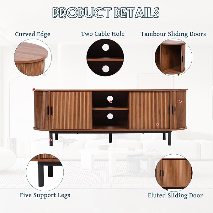 62" Tambour Door TV Stand,Wood Mid Century Modern TV Cabinet for Up to 70“ TV,Curved Edge Long TV Stand with Storage for Bedroom Living Room(Walnut, 62.2inch)-Ruum Studio Home