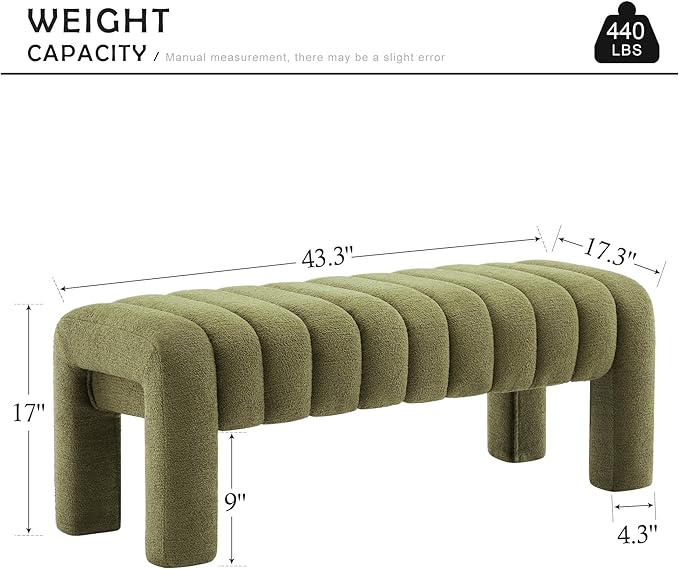 43.3" Bedroom Bench, Upholstered Entryway Bench, Modern End of Bed Ottoman with Solid Wood Legs and Adjustable Foot Pegs for Entryway, Dining Room and Living Room (Green Boucle)-Ruum Studio Home
