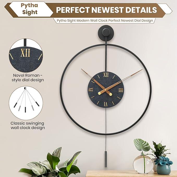 Large Modern Wall Clock,Wall Clocks for Living Room Decor,Classical Metal Minimalist Roman Numeral Dial,Big Decorative Farmhouse Pendulum Wall Clock With Walnut Pointers for Office,Dining Room-Ruum Studio Home